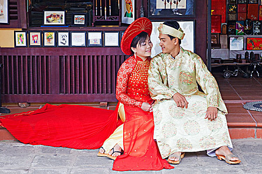 越南,会安,老城,伴侣,姿势,传统,婚礼,服饰