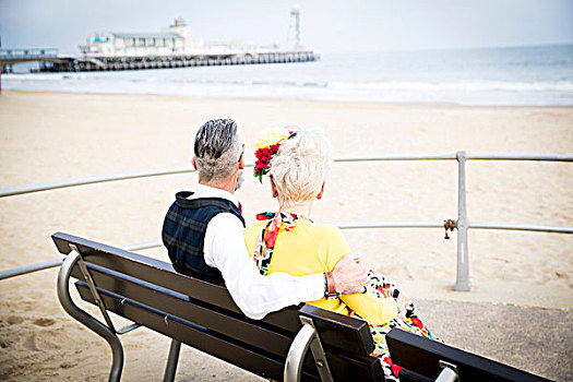 后视图,20世纪50年代,旧式,风格,情侣,向外看,海滩,长椅