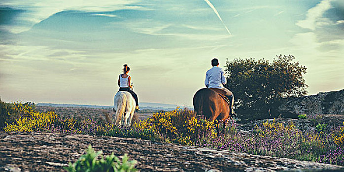 西班牙,男人,女人,骑马,风景,后视图