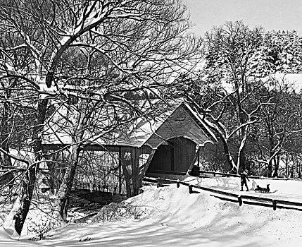 人,拉拽,雪撬,靠近,风雨桥,佛蒙特州,美国