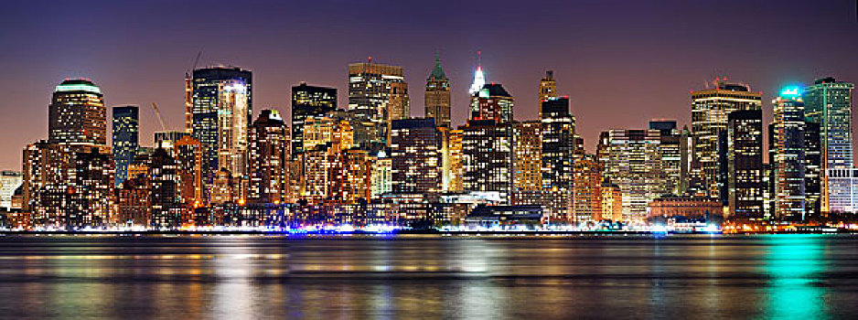 纽约,夜晚,全景,曼哈顿,天际线,上方,哈得逊河,反射