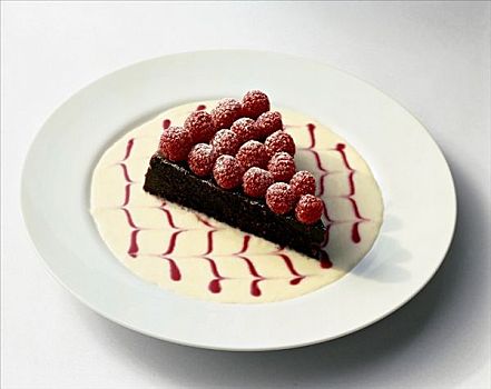 巧克力蛋糕,新鲜,树莓,装饰,酱,白色背景,盘子