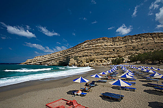 椅子,伞,海滩,马塔拉,克里特岛,希腊,欧洲