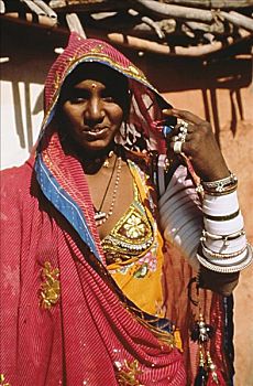印度,拉贾斯坦邦,印度女人,戴着,精致,衣服,饰品