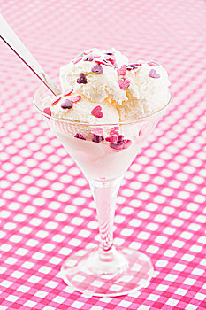香草冰淇淋,粉色,紫色,糖,心形,圣代冰淇淋,玻璃