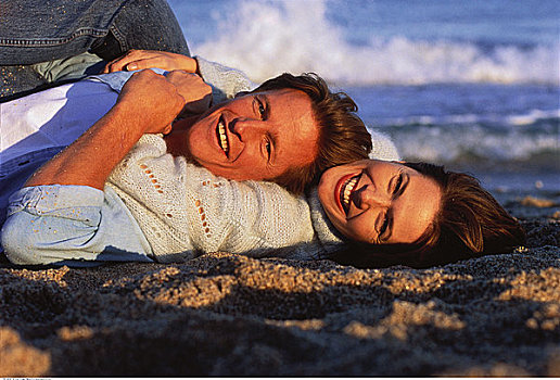 肖像,伴侣,躺着,海滩