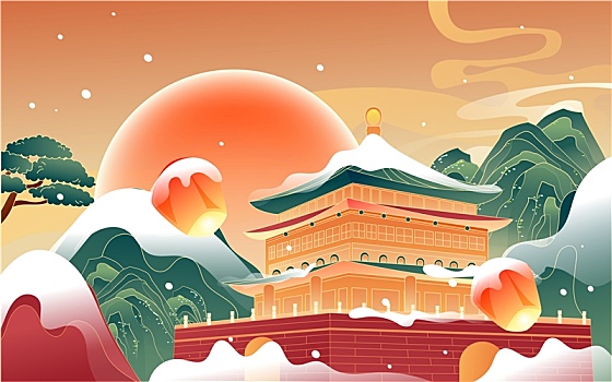 冬至立冬节气中国风古建筑城市景点雪景插画