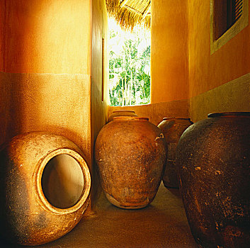 收集,赤陶,坛罐,一个,尾端,狭窄,走廊
