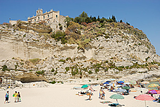 彩色,阳伞,人,海滩,教堂,背影,卡拉布里亚,意大利南部,欧洲
