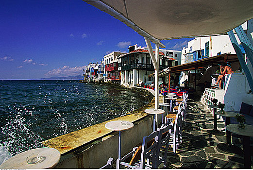海边,咖啡,米克诺斯岛,希腊
