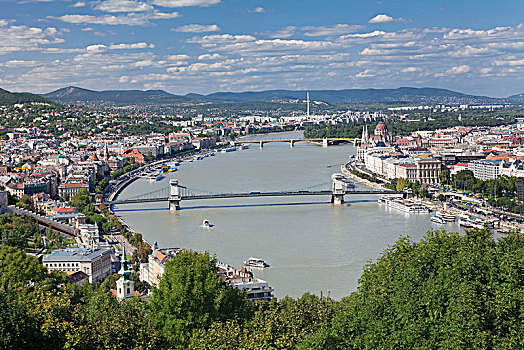 风景,上方,链索桥,多瑙河,右边,议会,布达佩斯,匈牙利,欧洲