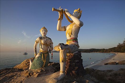 雕塑,笛子,美人鱼,海滩,苏梅岛,泰国