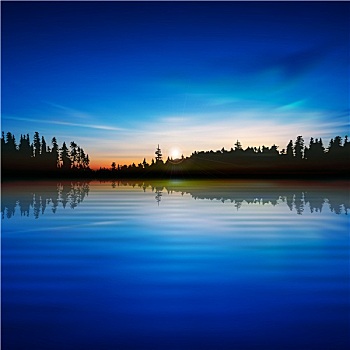抽象,自然,蓝色背景,树林,湖,日出