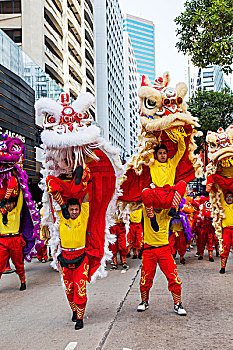 中国,香港,新年,白天,节日,游行,中国狮子,舞者