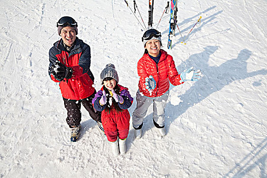 微笑,家庭,投掷,雪,空中,滑雪胜地