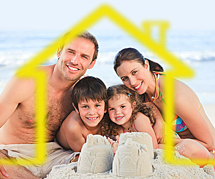幸福之家,海滩,黄色,房子,插画