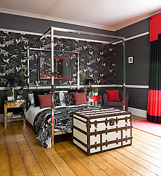 旧式,箱子,脚,金属,四柱床,生动,黑色,红色,卧室