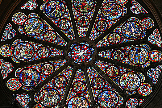 法国,里昂,圣珍大教堂,彩色玻璃,圆花窗,亚当,夏娃