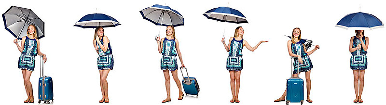 抽象拼贴画,女人,伞,手提箱