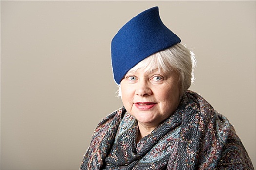 白发,女人,蓝色,帽子,围巾