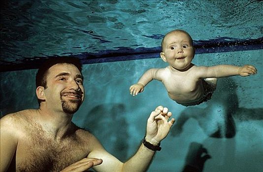 游泳,婴儿,游泳池,水下,男人,父亲,孩子,父母,跳水