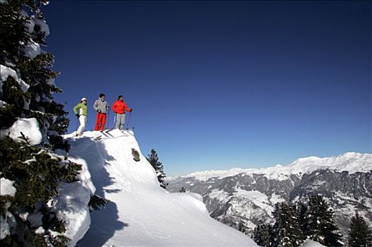 法国,高雪维尔,滑雪者,赞赏,风景,山峦,背景