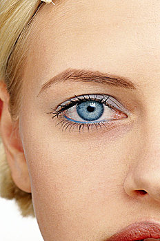 特写,女人,蓝眼睛,穿,淡蓝色,眼影,眼线