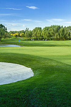 竖屏蓝天白云下环境优美的绿色的高尔夫球场