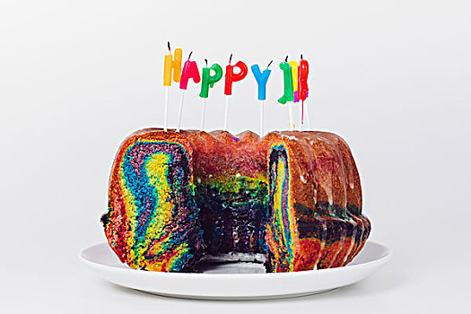 特写,生日蜡烛,彩虹,蛋糕,盘子,白色背景