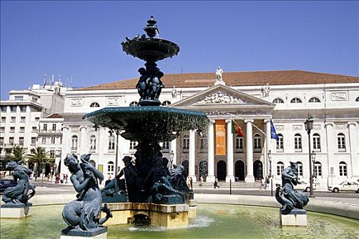 玛丽亚,国家剧院,罗斯奥广场,喷泉,雕塑,老城,里斯本,葡萄牙,欧洲