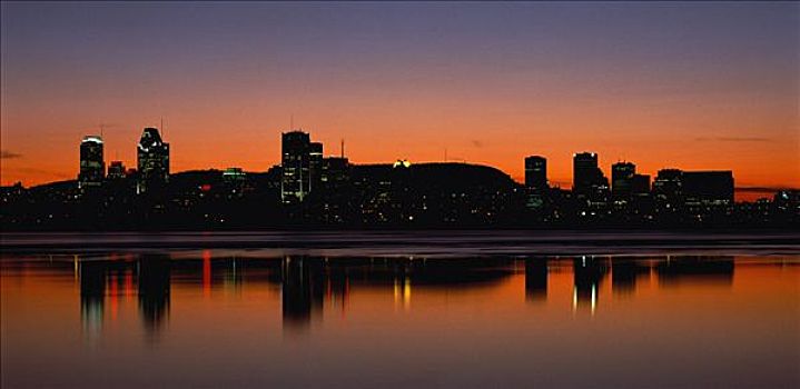 城市天际线,劳伦斯河,黄昏,蒙特利尔,魁北克,加拿大