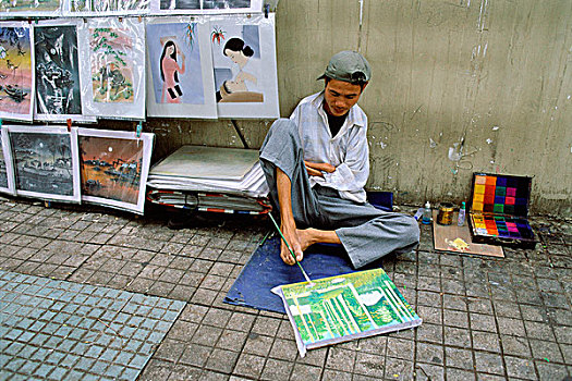 越南,胡志明市,残障,艺术家,人行道,绘画