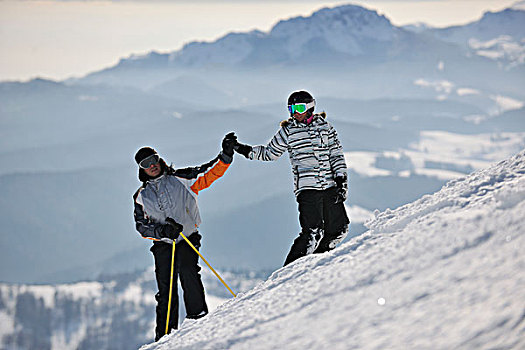 幸福伴侣,放松,滑雪板,滑雪,冬天,山