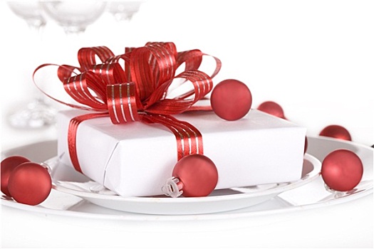 白色,礼物,红色,带,餐盘,圣诞节