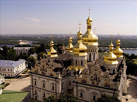 乌克兰,基辅,寺院,洞穴,风景,大教堂,金色,圆顶,蓝天,河,背景,2004年