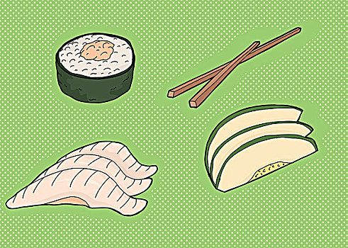 传统,寿司,食物,卡通