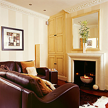 优雅,皮沙发,正面,火,器具,打开,壁炉,传统,英国,郊区住宅
