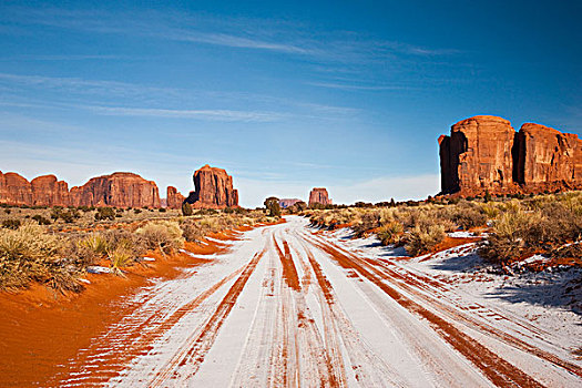 美国,亚利桑那,纪念碑谷纳瓦霍部落公园,公园,道路,雪