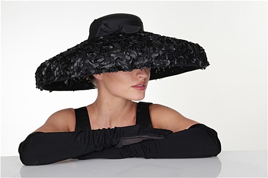 优雅,女人,戴着,黑色,帽子,手套