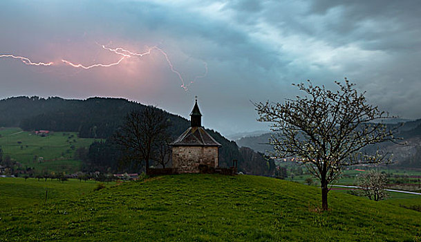四月,风暴,小教堂,金兹格塔尔,德国,山谷,靠近,费西巴赫,黑森林,巴登符腾堡,欧洲