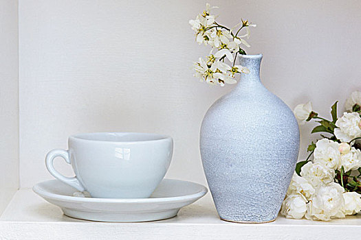 白色,静物,咖啡杯,碟,花瓶,樱花