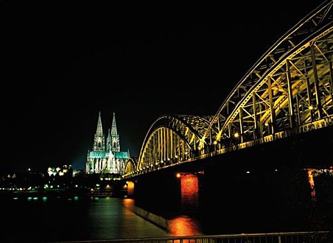 桥,上方,教堂,大教堂,科隆,夜晚,德国,欧洲,世界遗产