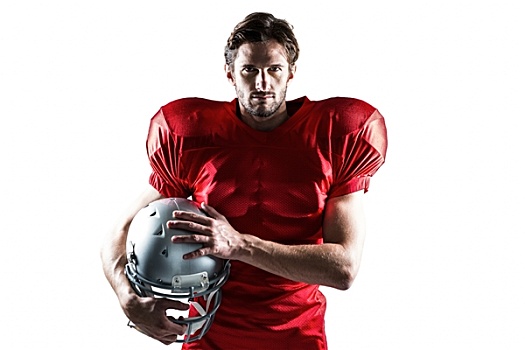 自信,橄榄球员,红运动衫,拿着,头盔