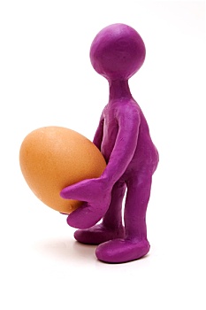 紫色,木偶,橡皮泥,拿着,一个,鸡蛋