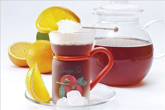 玻璃杯,橙色,茶,冰糖,棒糖,茶壶,橙子片