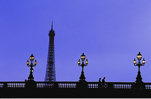 上面,埃菲尔铁塔,桥,黄昏,巴黎,法国