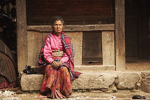 坐,女人,石台,加德满都,尼泊尔