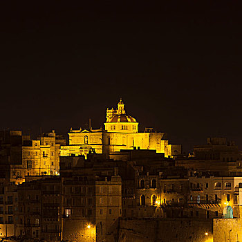 教堂,上方,城市,夜晚,森格莱阿,马耳他