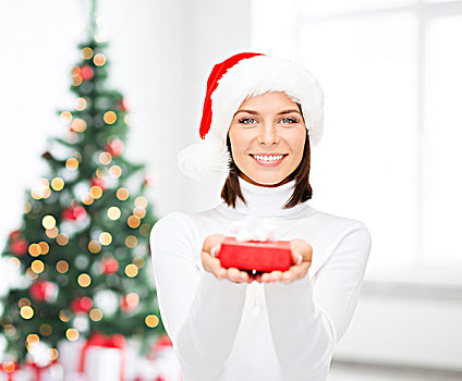 圣诞,冬天,高兴,休假,人,概念,微笑,女人,圣诞老人,帽子,小,红色,礼盒,上方,客厅,圣诞树,背景