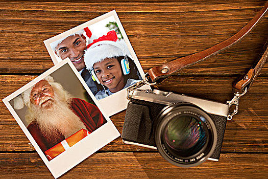合成效果,图像,高兴,圣诞老人,拿着,发光,礼物,照片,木地板